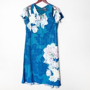 Maeve Anthropologie Teal Floral Midi Dress Size 16 Blue Garden Party